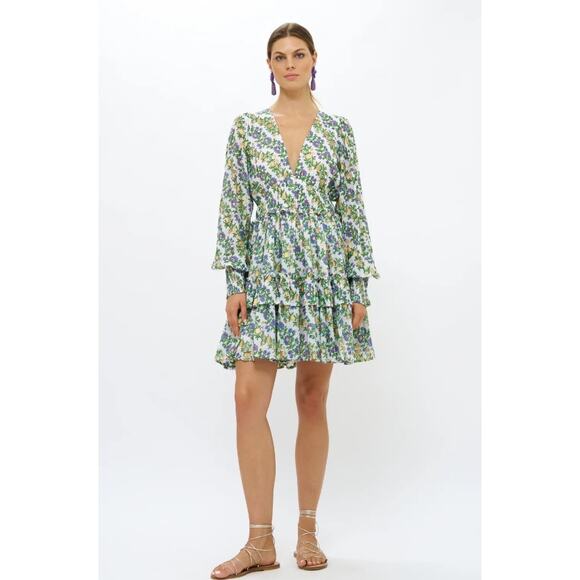 NEW Oliphant Smocked Waist V-neck Mini Dress Lupina Peri Floral Long Sleeve, S - Picture 3 of 15